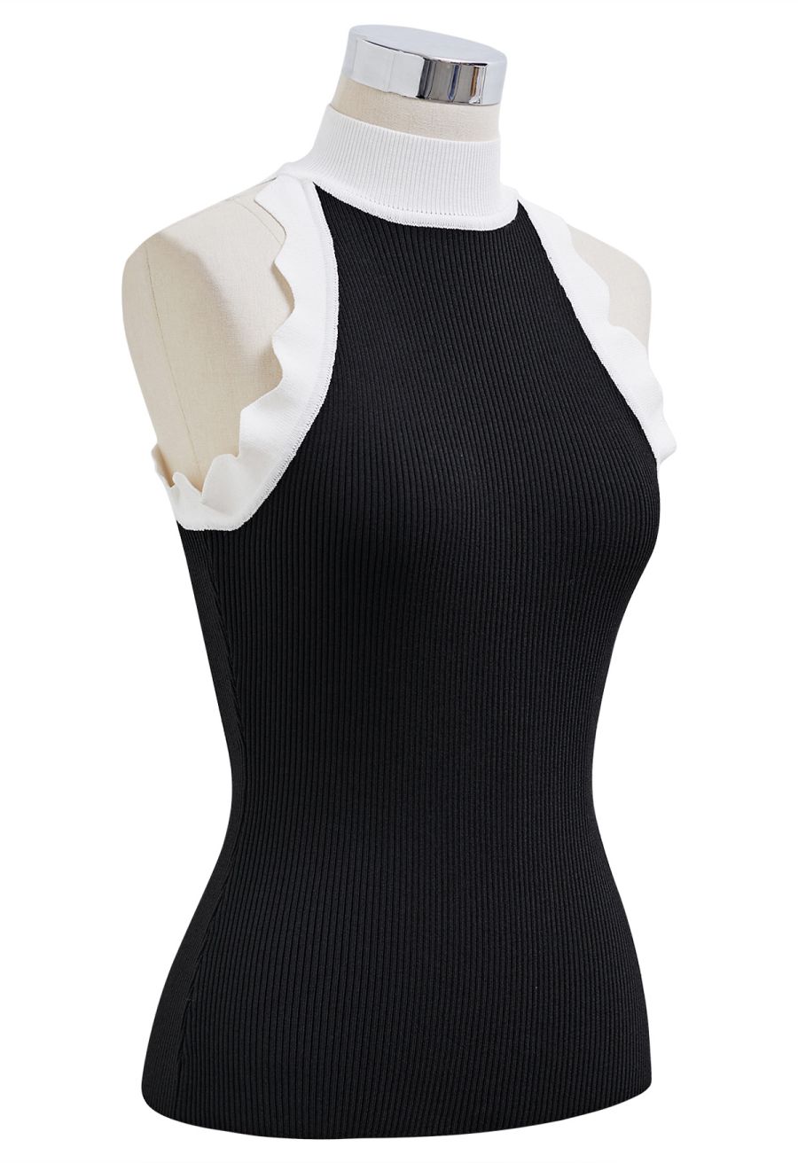 Wavy Contrast Edge Halter Neck Knit Top in Black