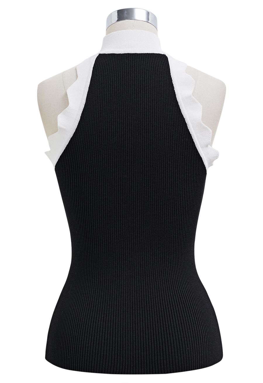 Wavy Contrast Edge Halter Neck Knit Top in Black