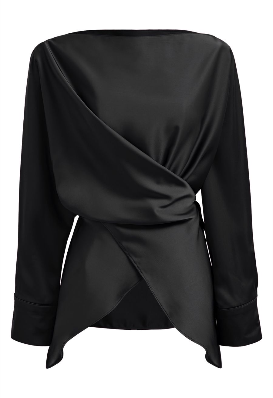 Boat Neck Crisscross Waist Satin Top in Black