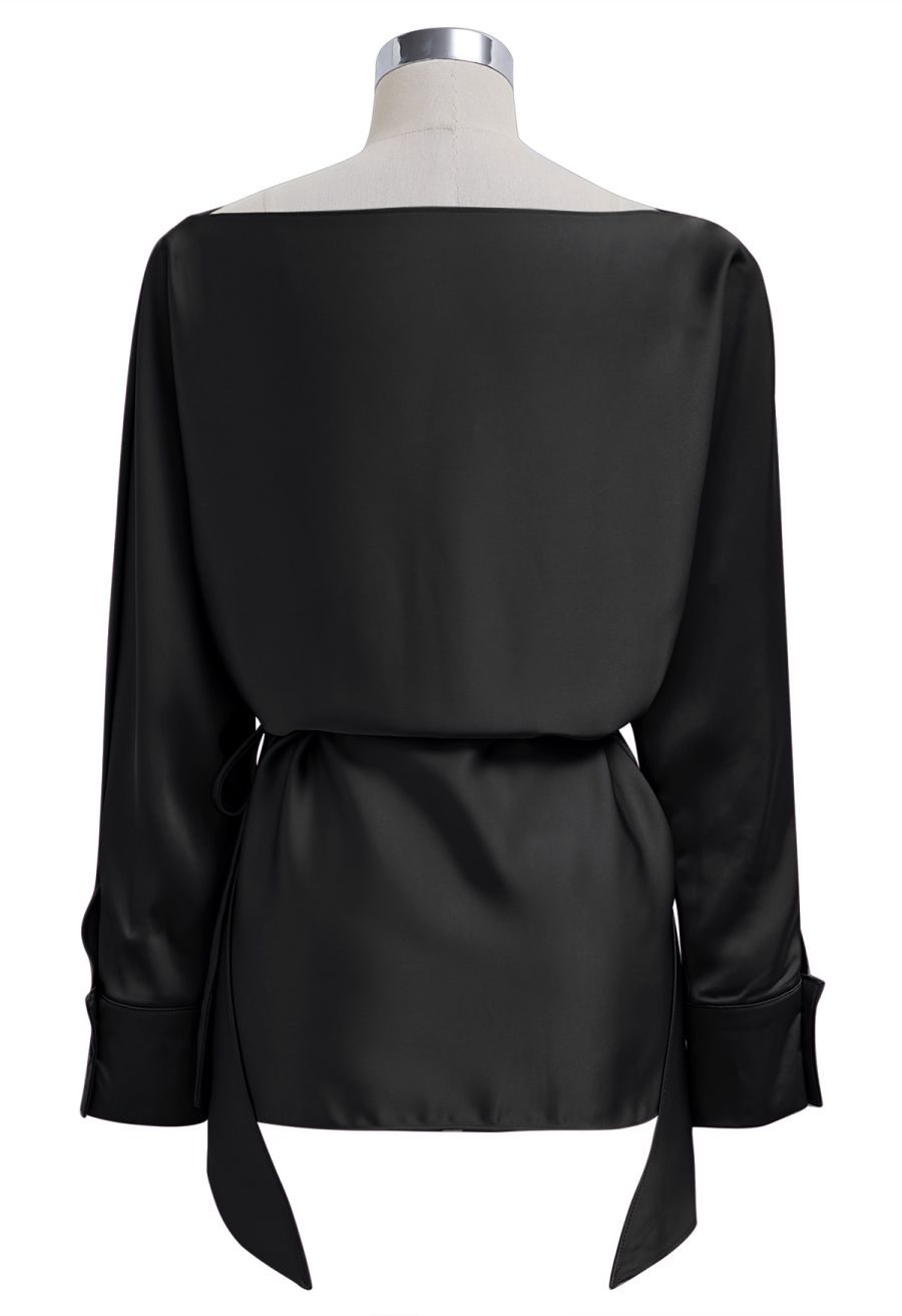 Boat Neck Crisscross Waist Satin Top in Black