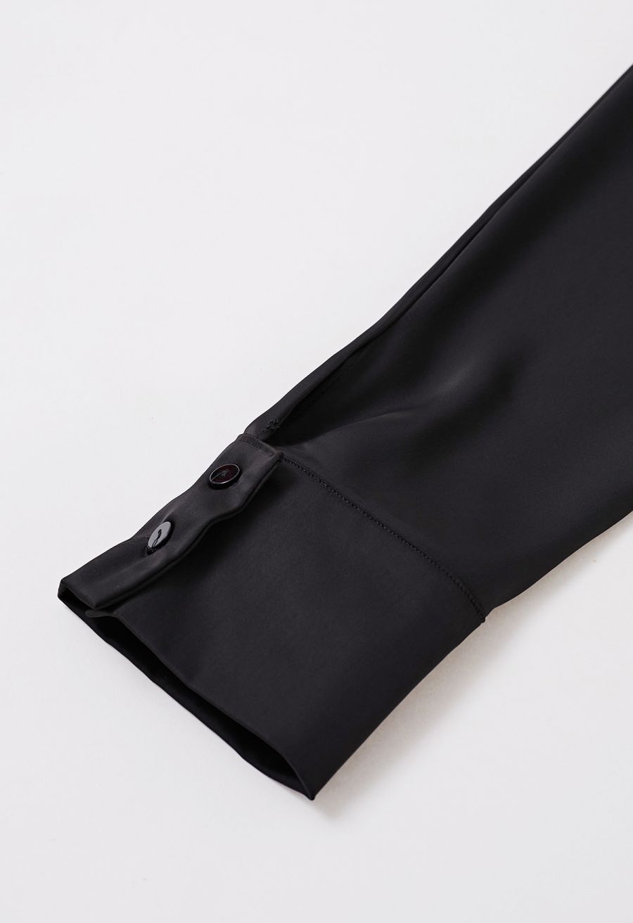 Boat Neck Crisscross Waist Satin Top in Black