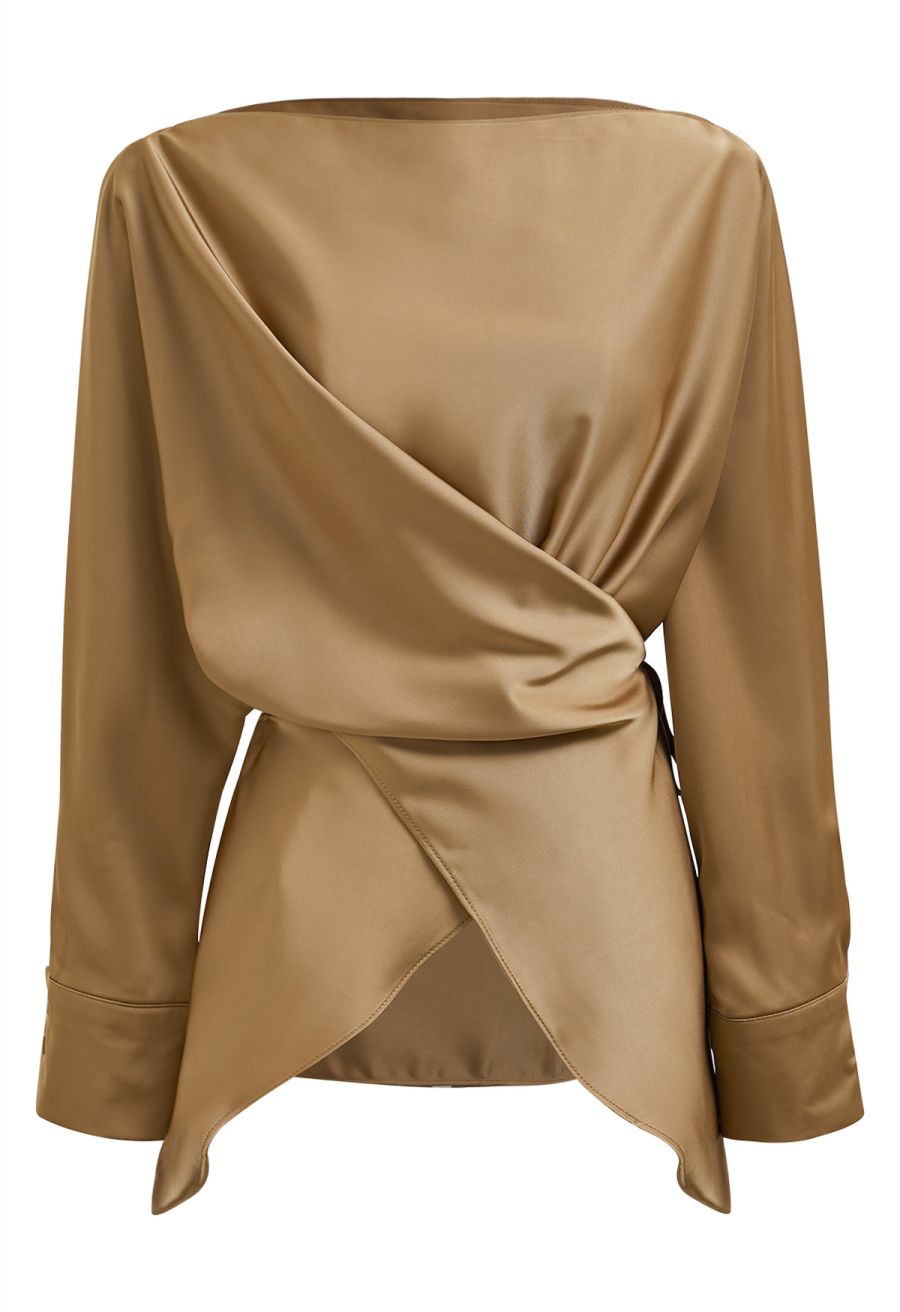 Boat Neck Crisscross Waist Satin Top in Tan