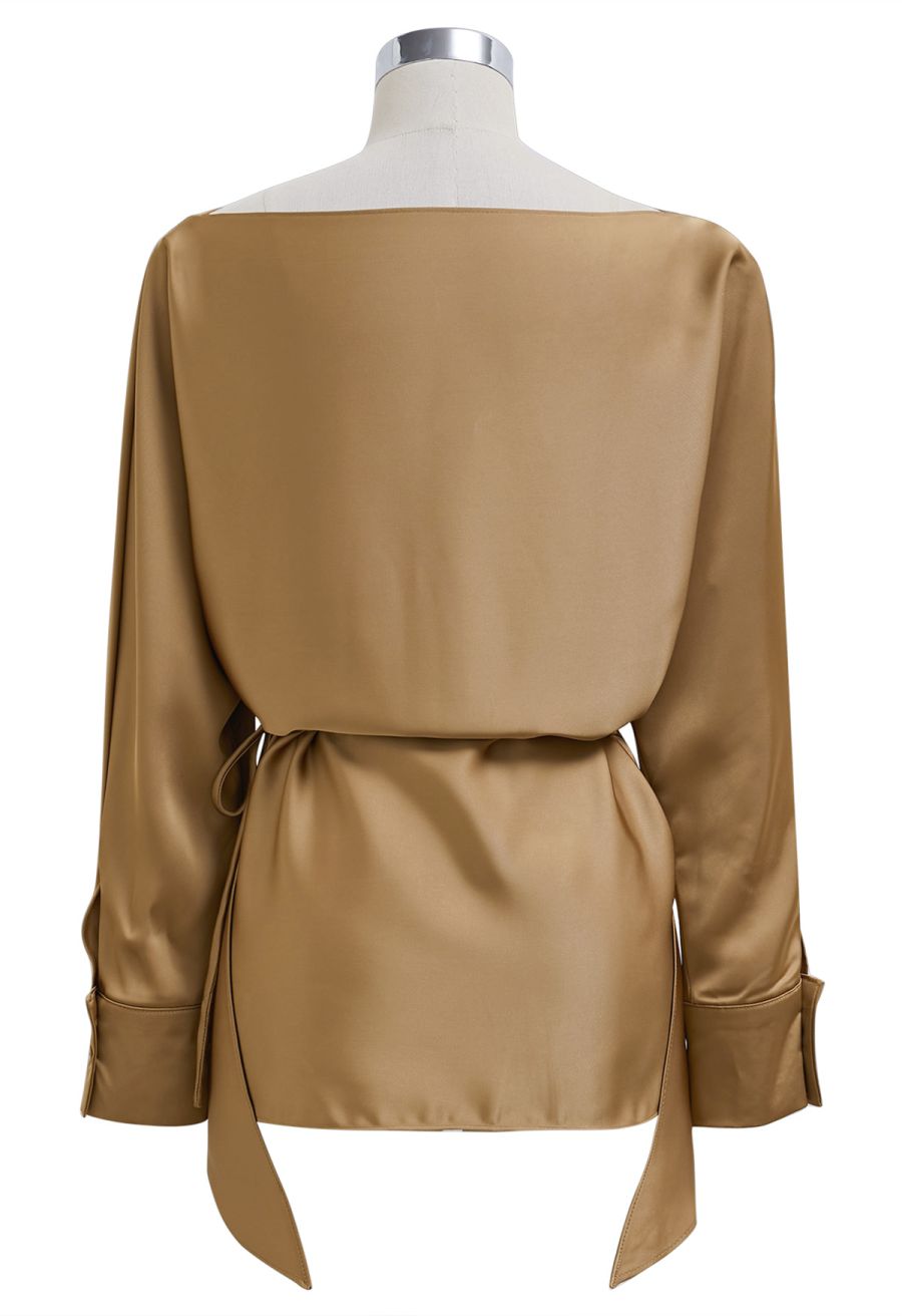 Boat Neck Crisscross Waist Satin Top in Tan
