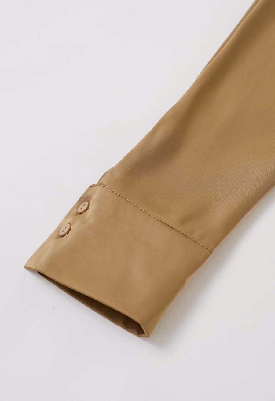 Boat Neck Crisscross Waist Satin Top in Tan