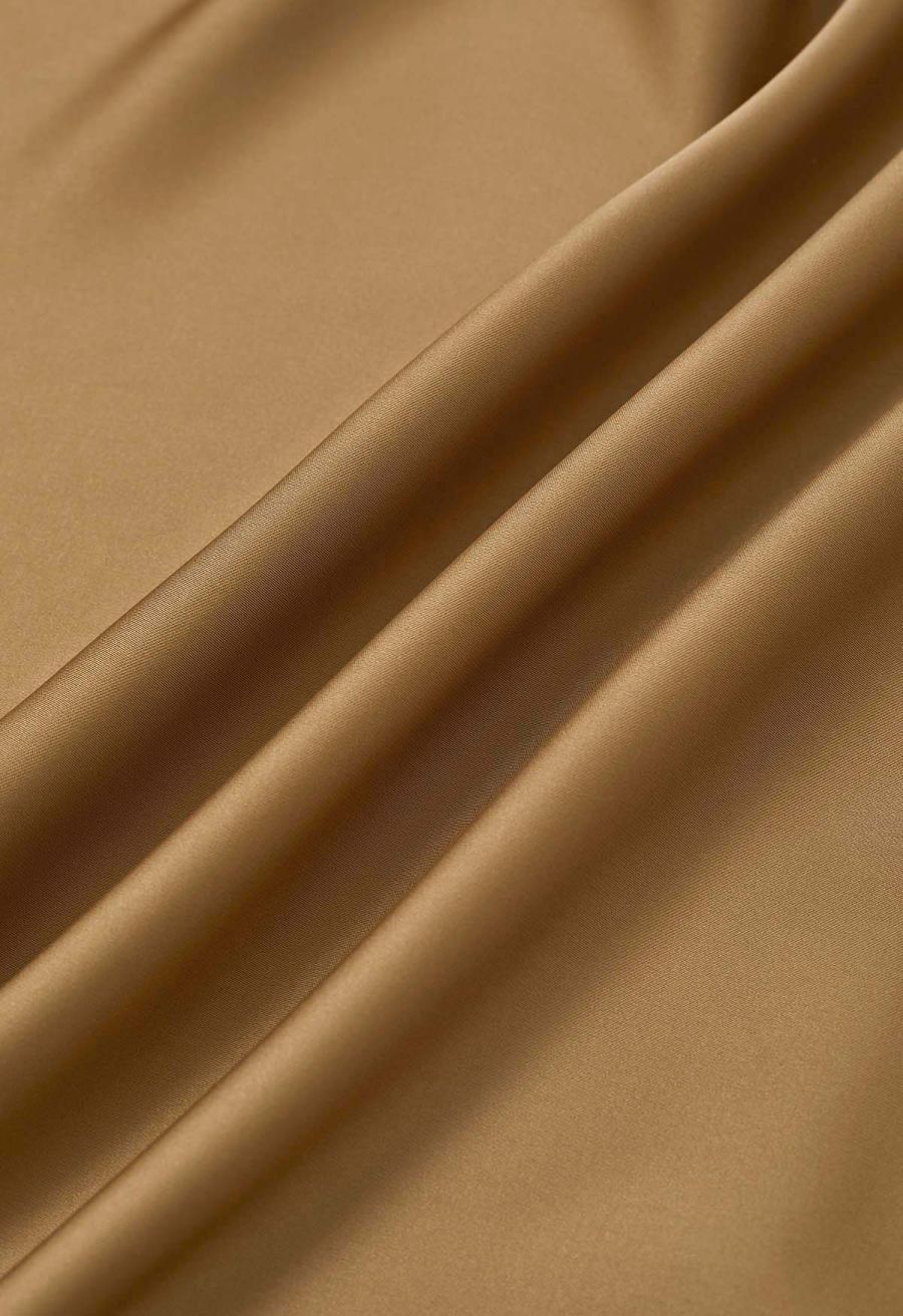 Boat Neck Crisscross Waist Satin Top in Tan