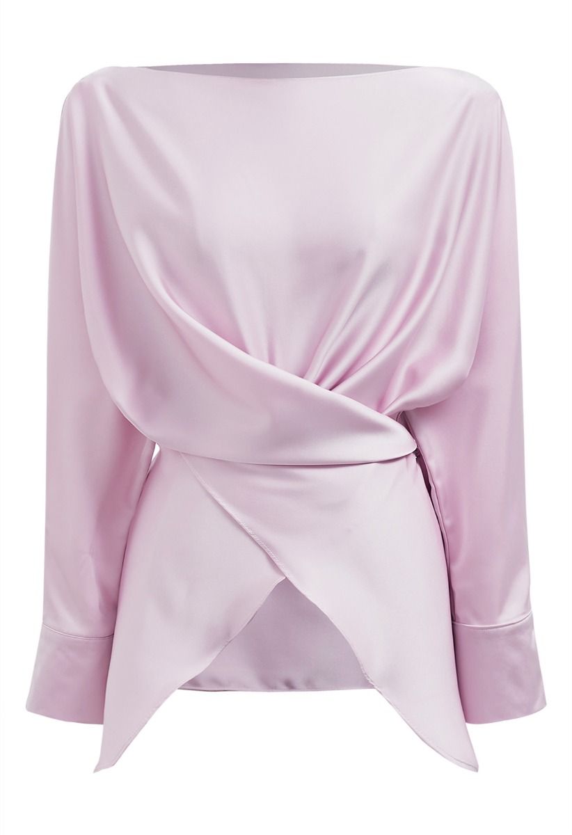Boat Neck Crisscross Waist Satin Top in Pink
