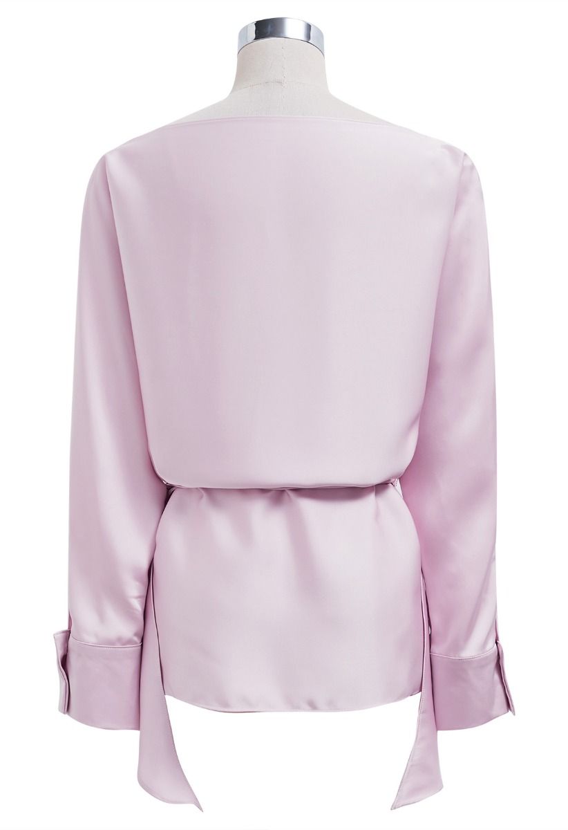 Boat Neck Crisscross Waist Satin Top in Pink