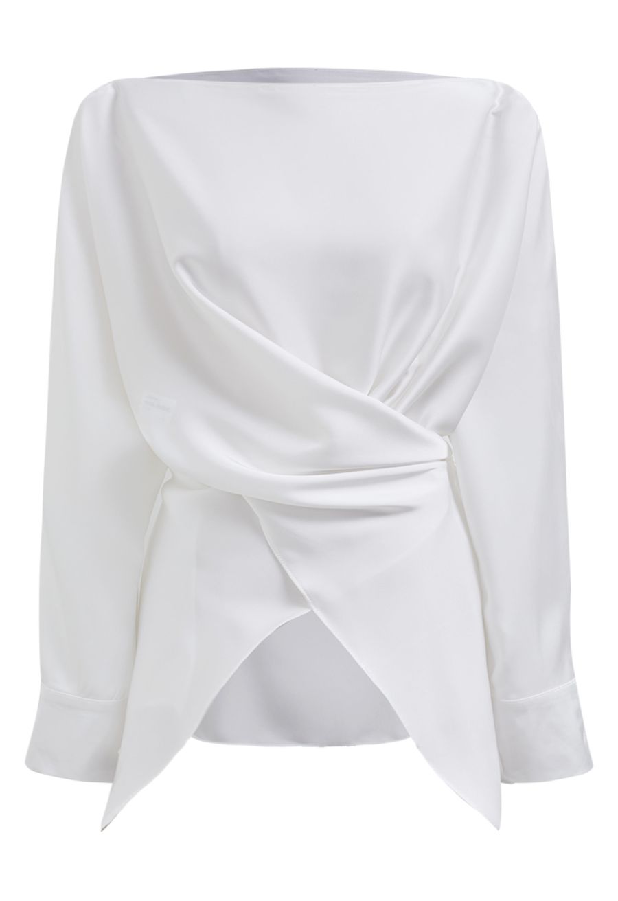 Boat Neck Crisscross Waist Satin Top in White
