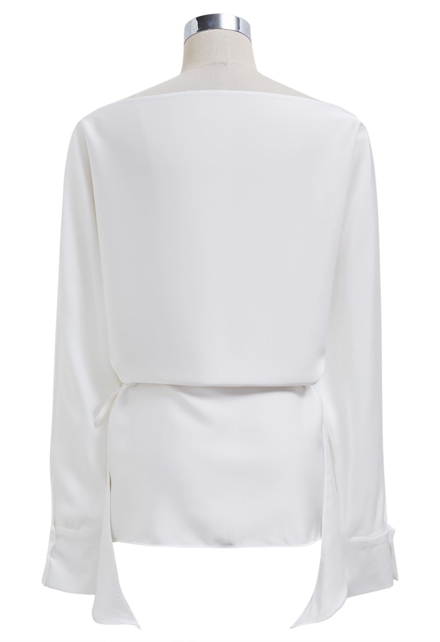 Boat Neck Crisscross Waist Satin Top in White