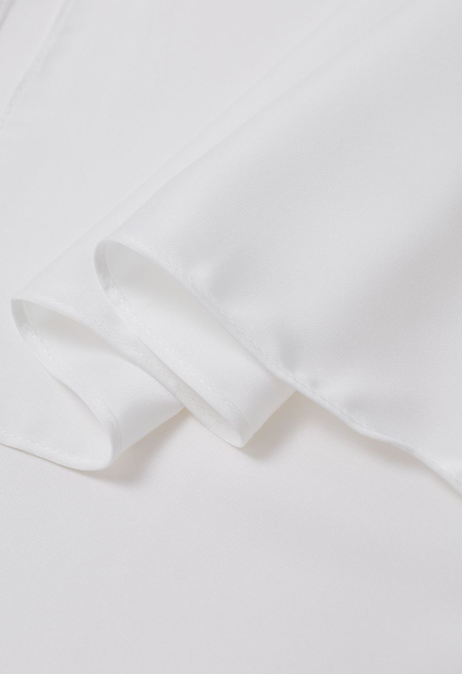 Boat Neck Crisscross Waist Satin Top in White