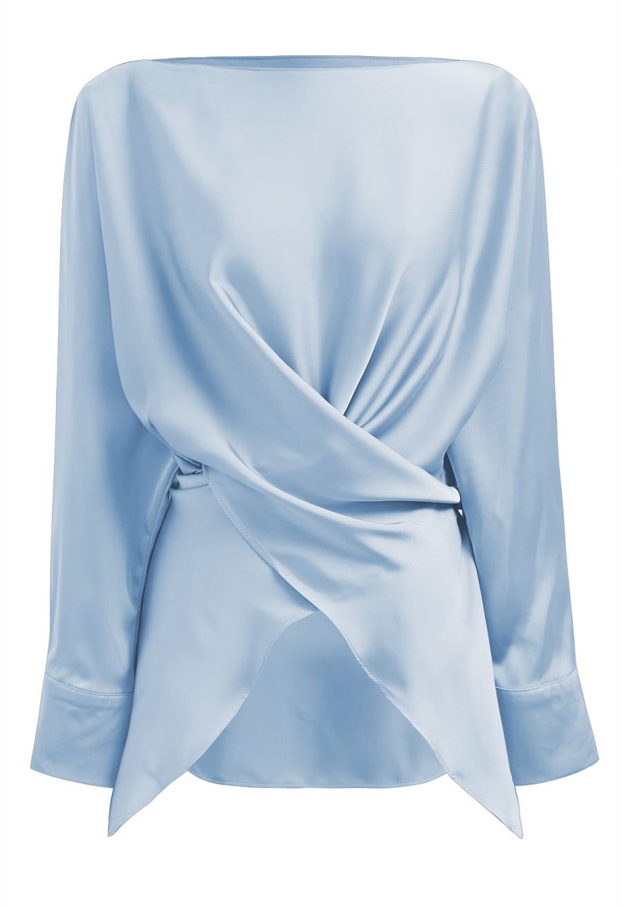 Boat Neck Crisscross Waist Satin Top in Blue