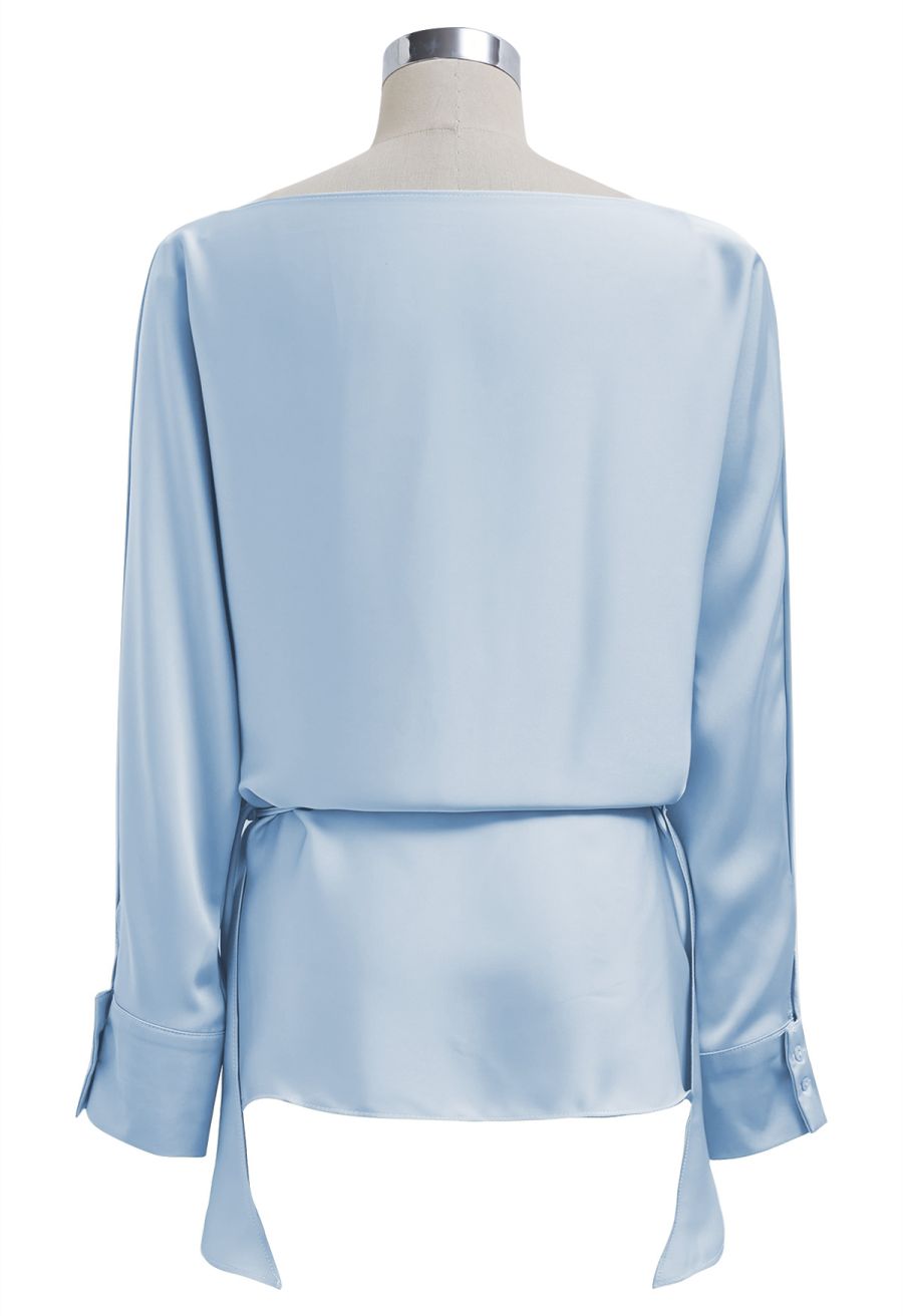 Boat Neck Crisscross Waist Satin Top in Blue