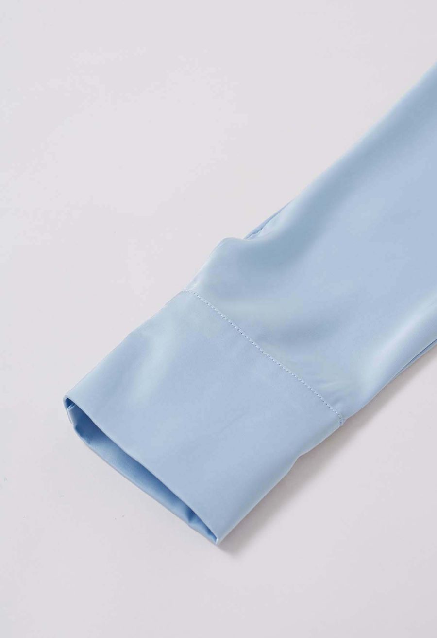 Boat Neck Crisscross Waist Satin Top in Blue