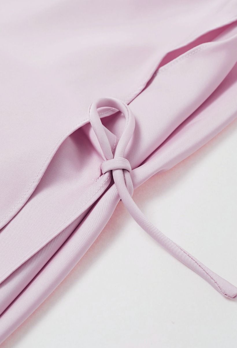 Boat Neck Crisscross Waist Satin Top in Pink