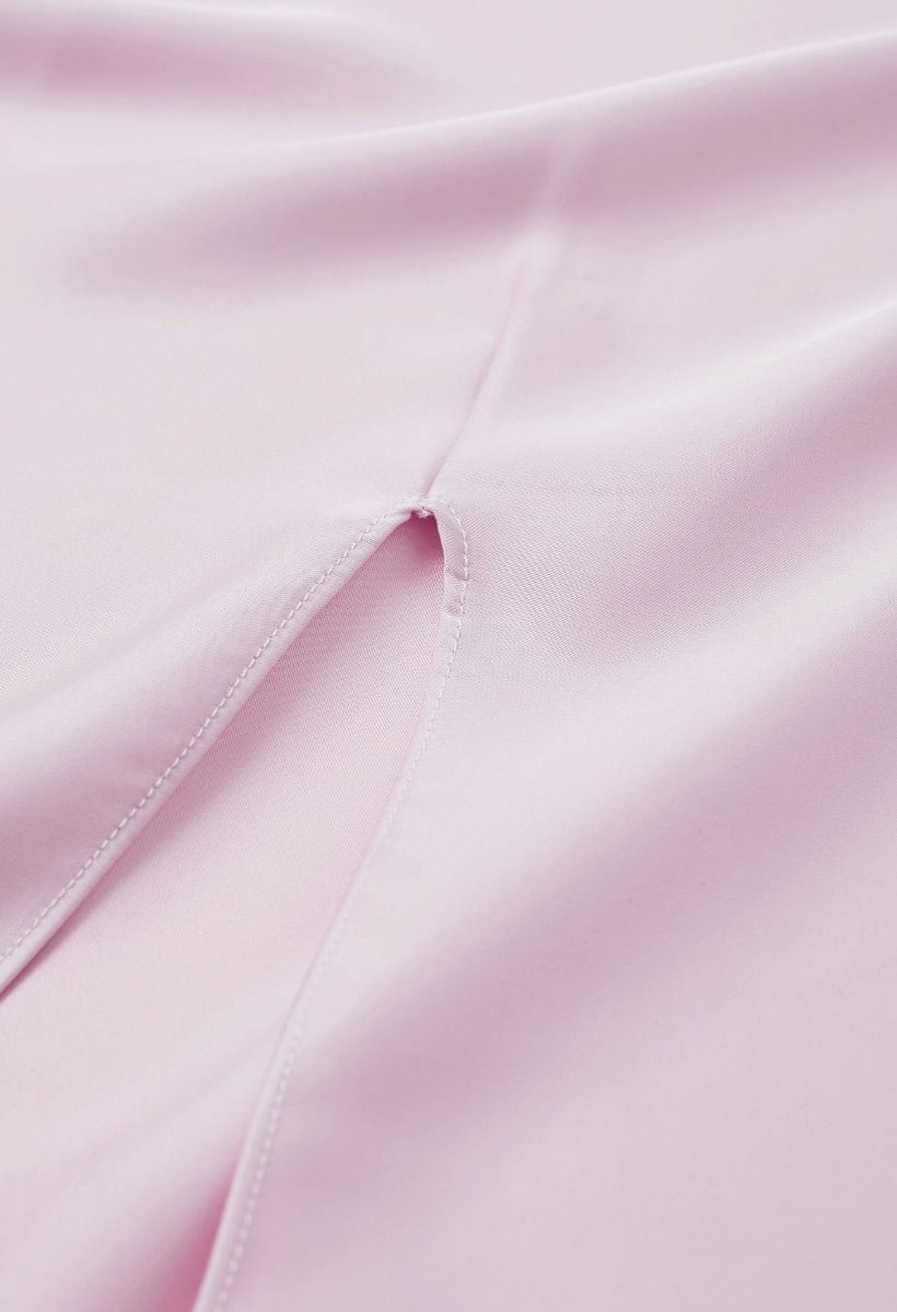 Boat Neck Crisscross Waist Satin Top in Pink