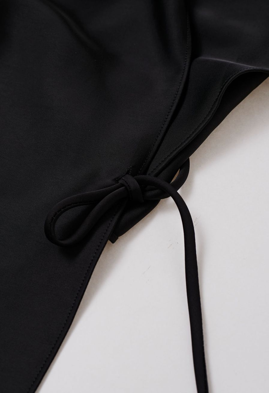Boat Neck Crisscross Waist Satin Top in Black