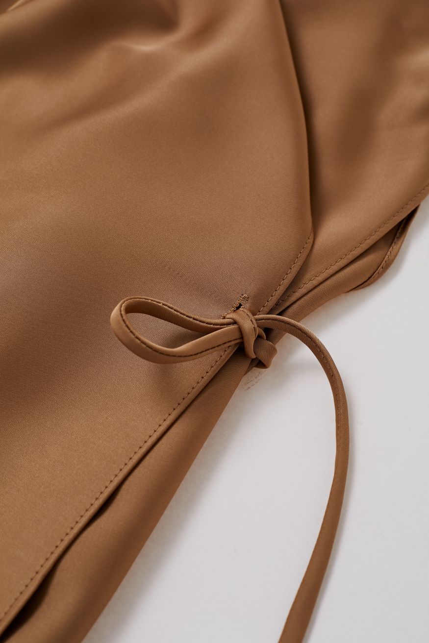 Boat Neck Crisscross Waist Satin Top in Tan