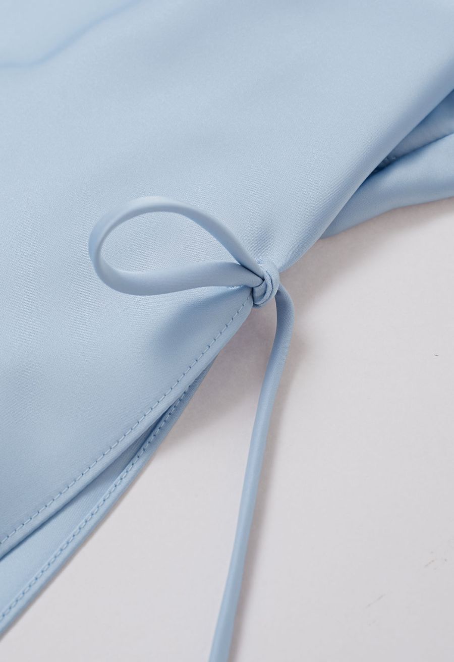 Boat Neck Crisscross Waist Satin Top in Blue