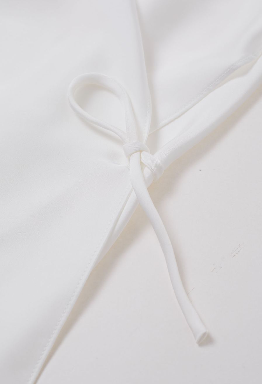 Boat Neck Crisscross Waist Satin Top in White