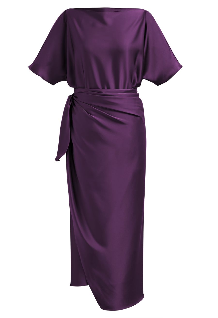 Satin Short-Sleeve Wrapped Waist Maxi Dress in Purple