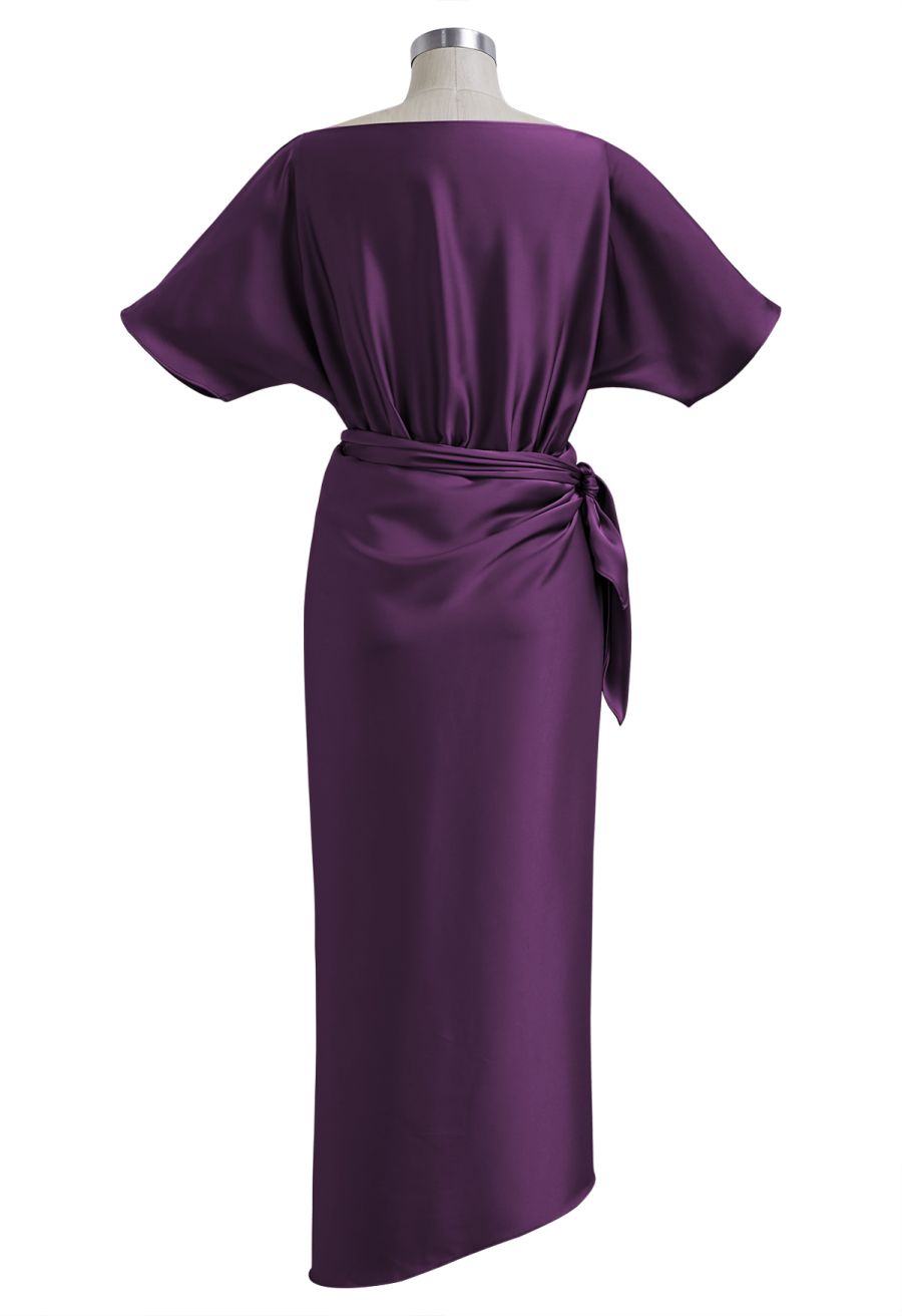 Satin Short-Sleeve Wrapped Waist Maxi Dress in Purple