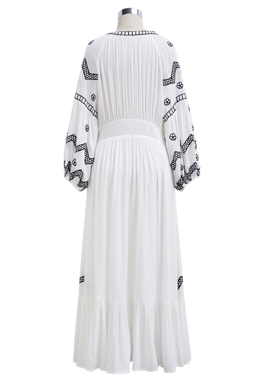 Geometric Embroidery Tassel String Midi Dress