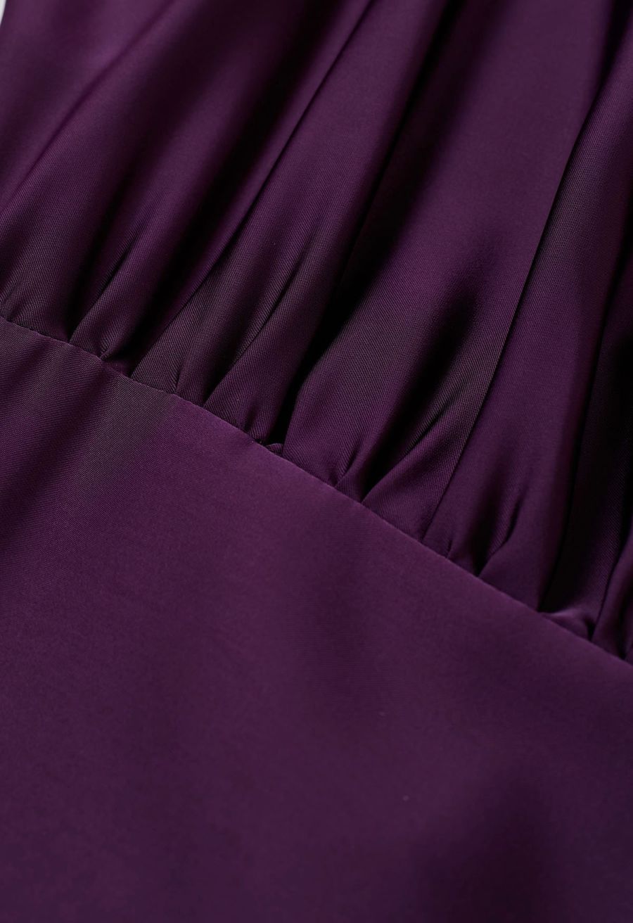 Satin Short-Sleeve Wrapped Waist Maxi Dress in Purple