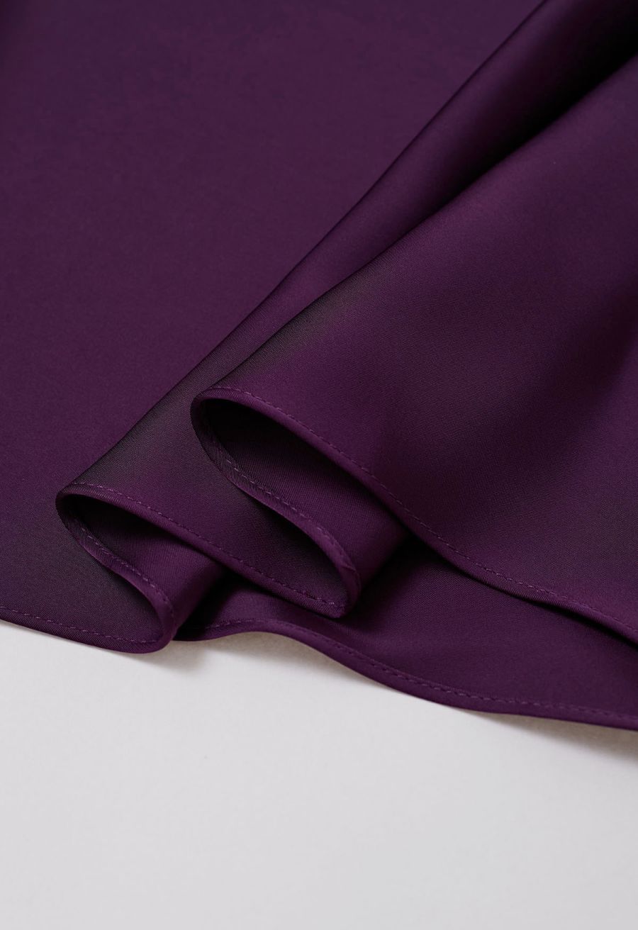 Satin Short-Sleeve Wrapped Waist Maxi Dress in Purple