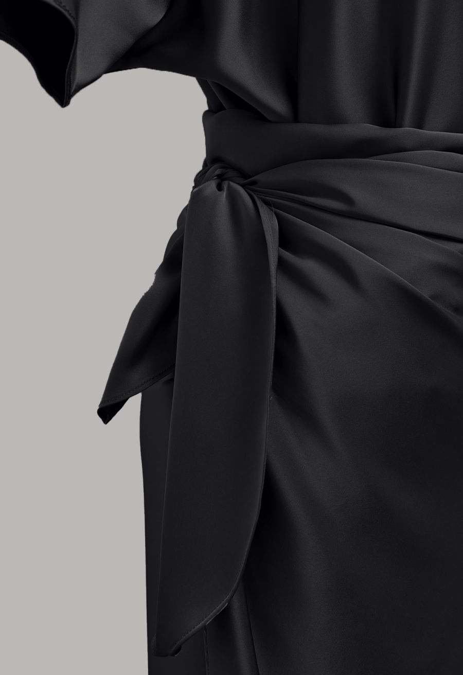 Satin Short-Sleeve Wrapped Waist Maxi Dress in Black