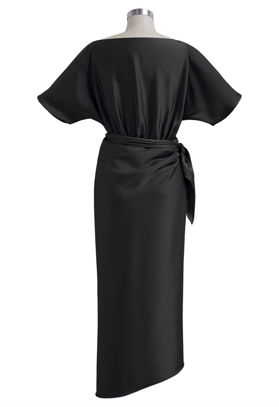 Satin Short-Sleeve Wrapped Waist Maxi Dress in Black