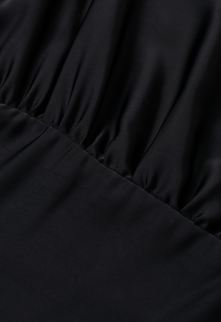 Satin Short-Sleeve Wrapped Waist Maxi Dress in Black