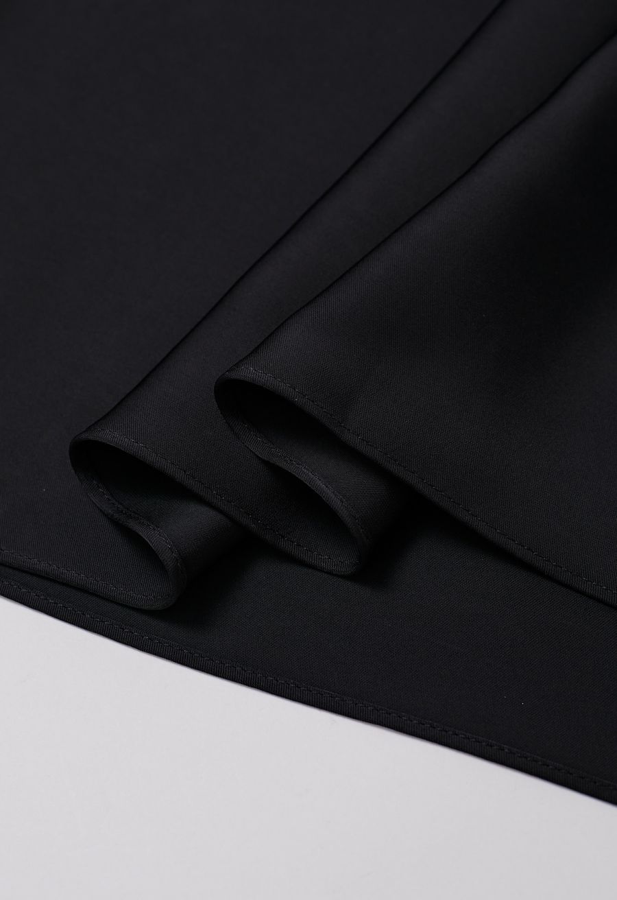 Satin Short-Sleeve Wrapped Waist Maxi Dress in Black
