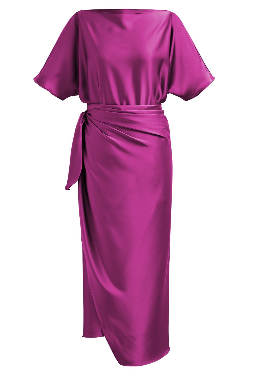 Satin Short-Sleeve Wrapped Waist Maxi Dress in Magenta