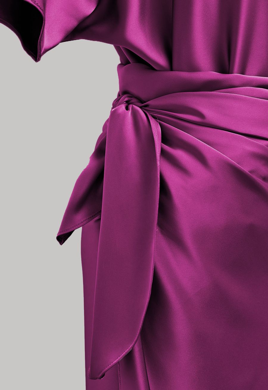 Satin Short-Sleeve Wrapped Waist Maxi Dress in Magenta