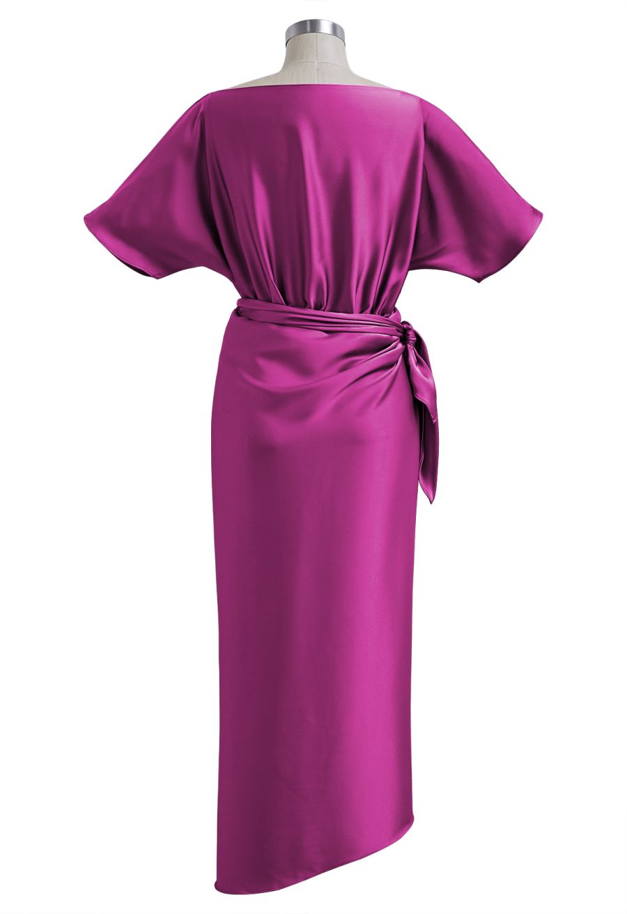 Satin Short-Sleeve Wrapped Waist Maxi Dress in Magenta
