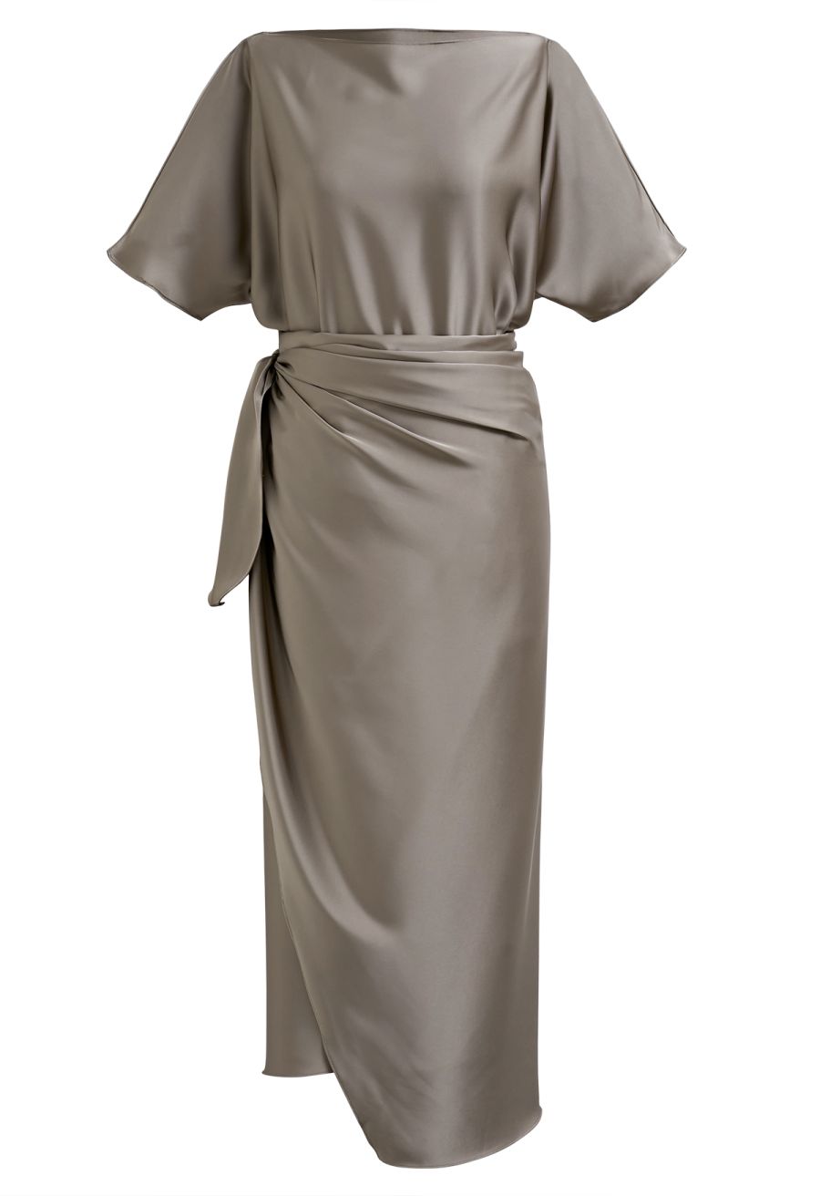 Satin Short-Sleeve Wrapped Waist Maxi Dress in Taupe