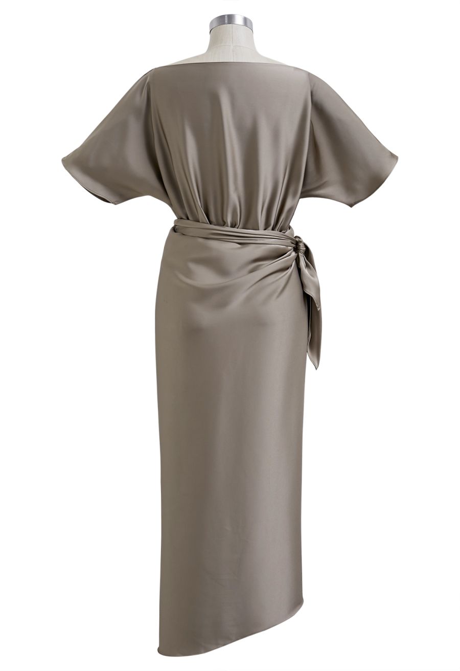 Satin Short-Sleeve Wrapped Waist Maxi Dress in Taupe