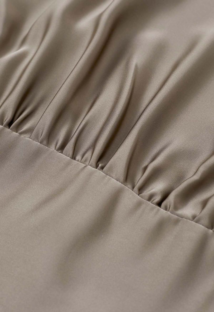 Satin Short-Sleeve Wrapped Waist Maxi Dress in Taupe