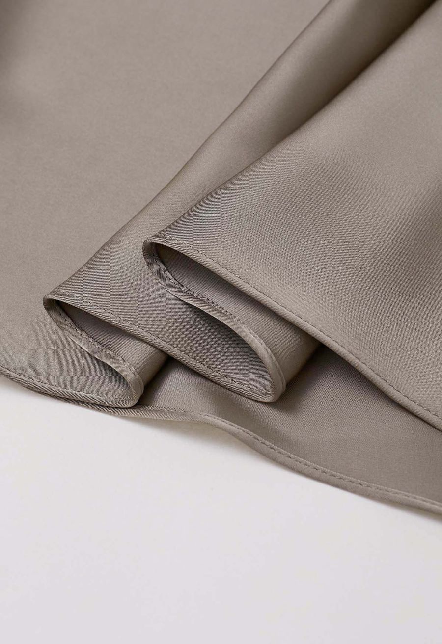 Satin Short-Sleeve Wrapped Waist Maxi Dress in Taupe