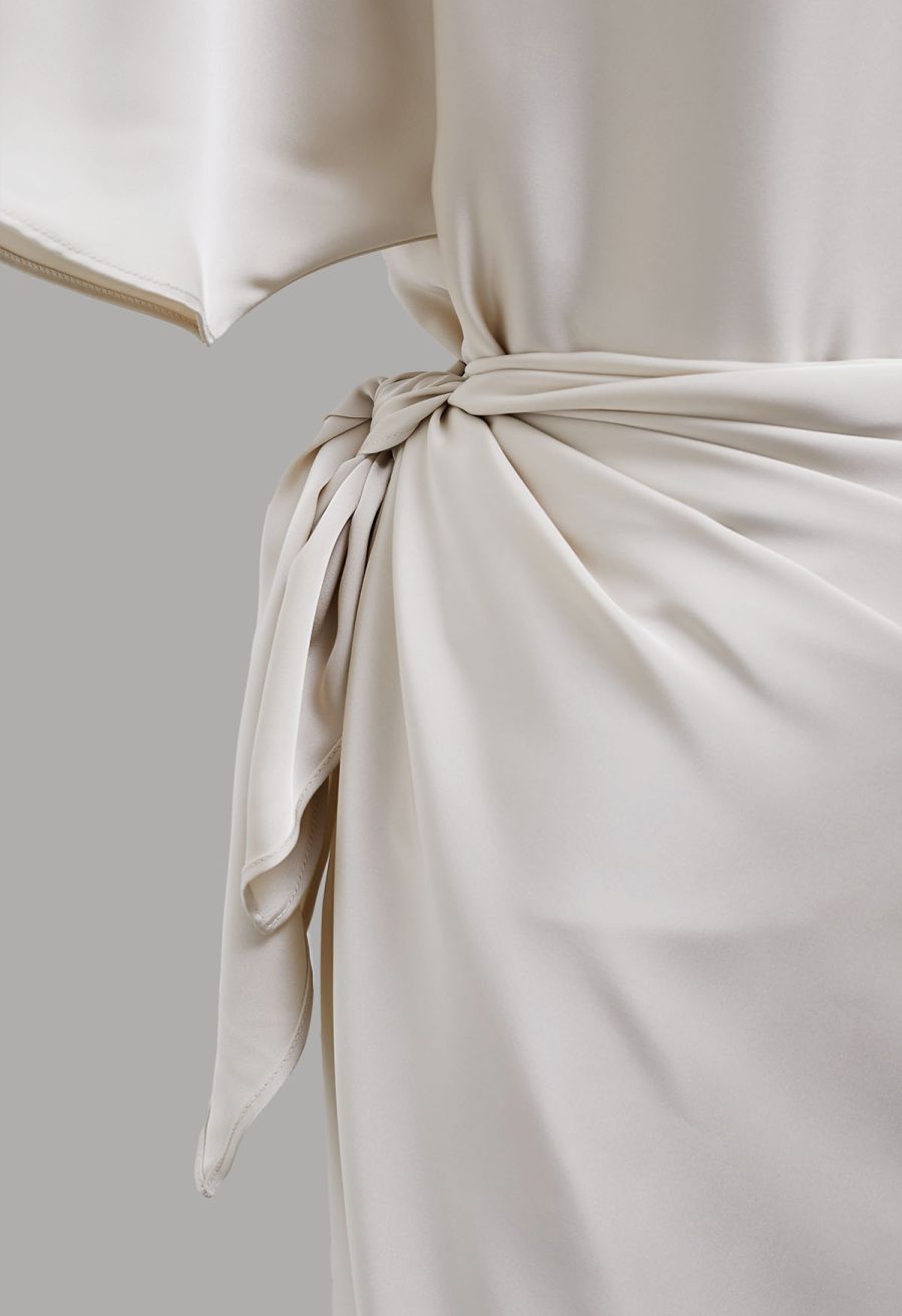 Satin Short-Sleeve Wrapped Waist Maxi Dress in Ivory