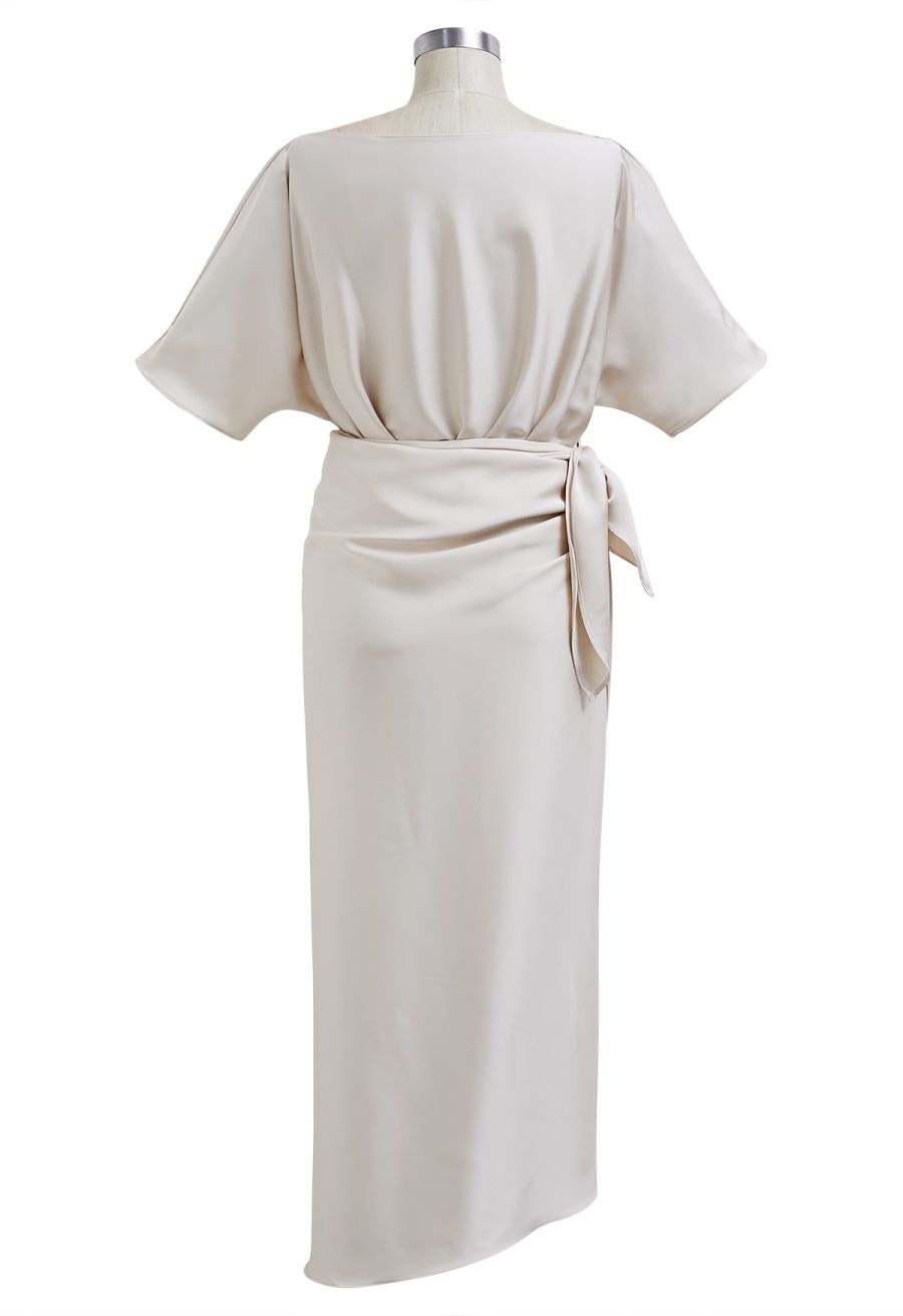 Satin Short-Sleeve Wrapped Waist Maxi Dress in Ivory