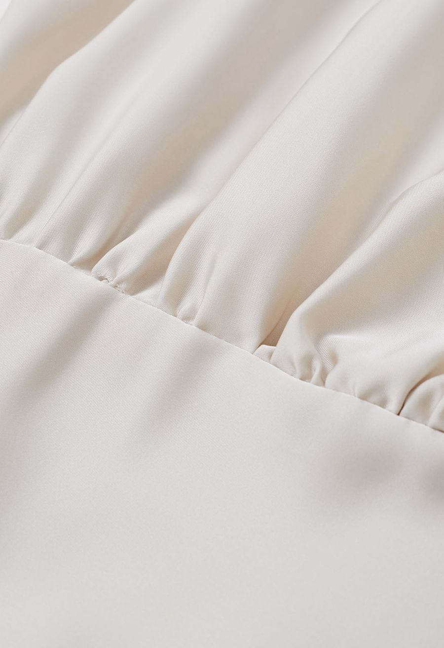 Satin Short-Sleeve Wrapped Waist Maxi Dress in Ivory
