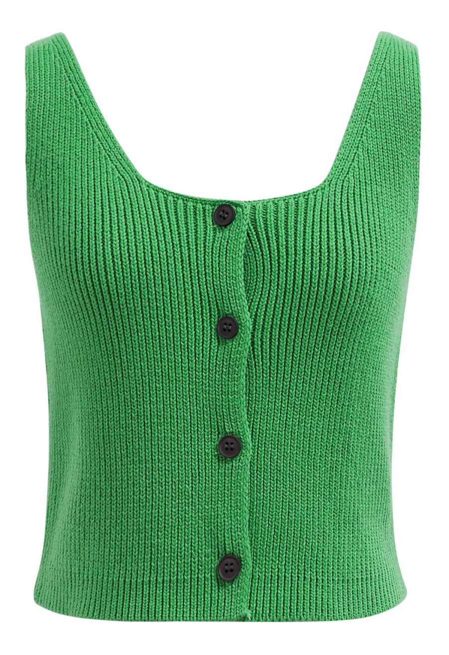 Button Down Sleeveless Knit Crop Top in Green