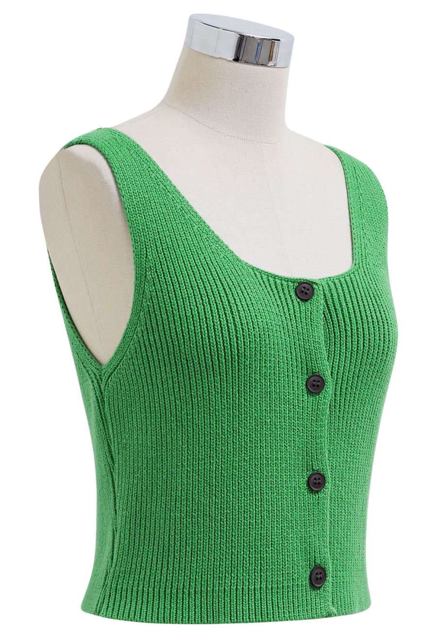 Button Down Sleeveless Knit Crop Top in Green