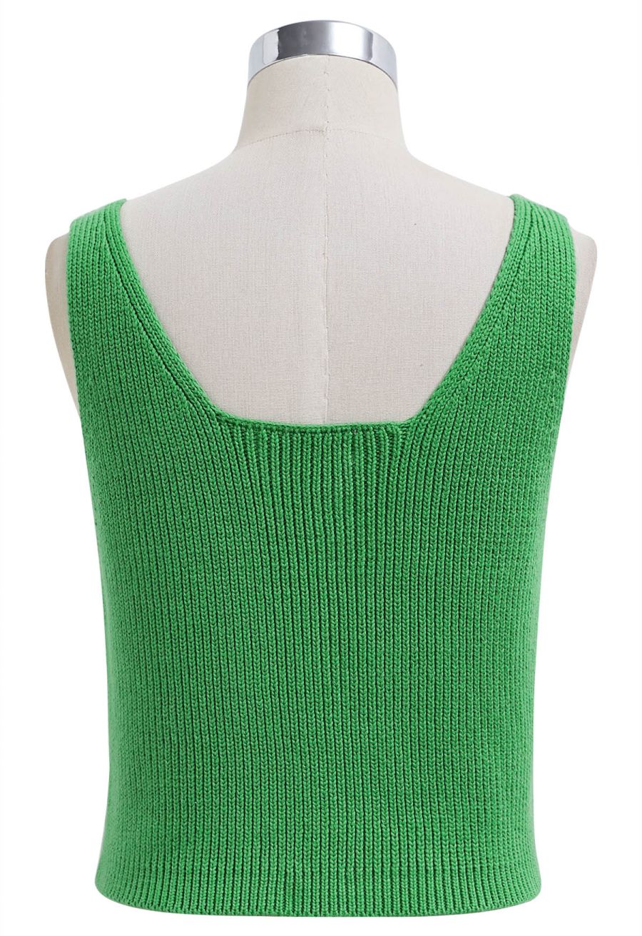 Button Down Sleeveless Knit Crop Top in Green