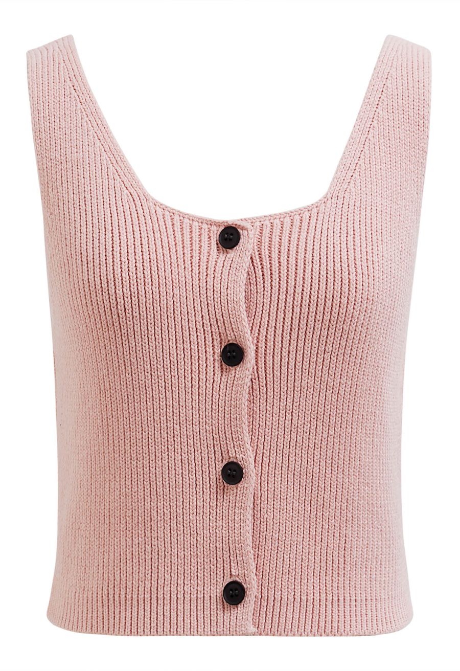 Button Down Sleeveless Knit Crop Top in Pink