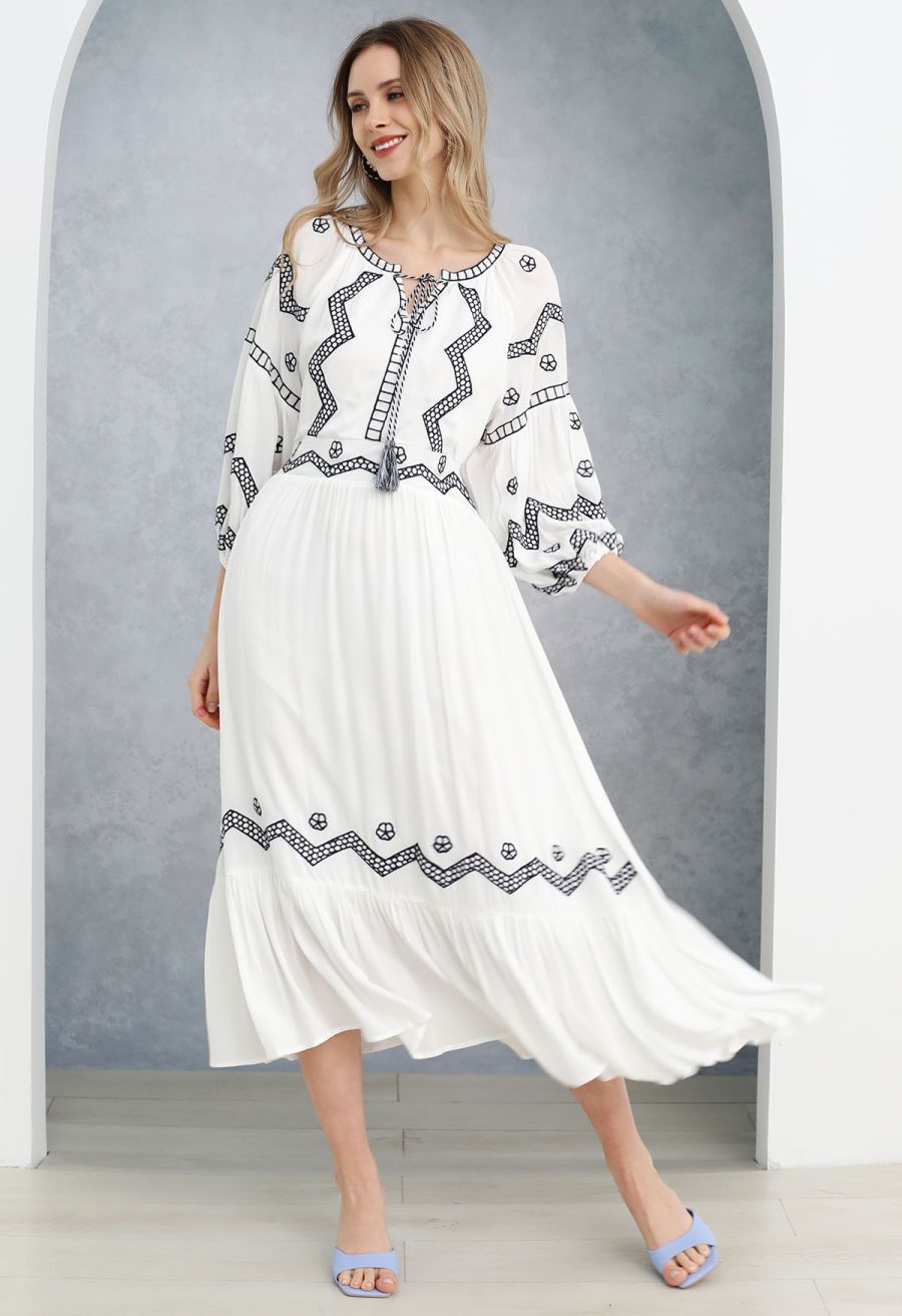Geometric Embroidery Tassel String Midi Dress