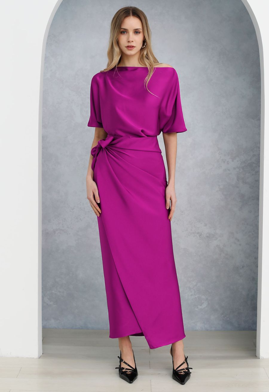 Satin Short-Sleeve Wrapped Waist Maxi Dress in Magenta