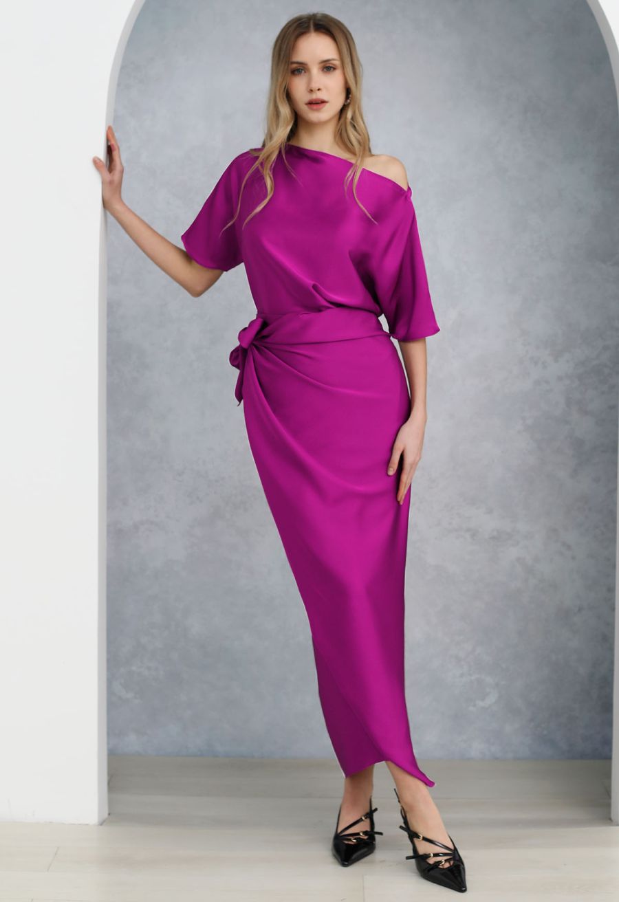 Satin Short-Sleeve Wrapped Waist Maxi Dress in Magenta