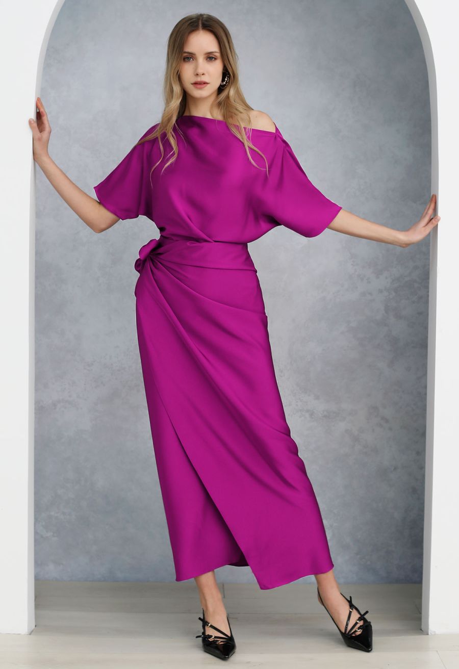 Satin Short-Sleeve Wrapped Waist Maxi Dress in Magenta